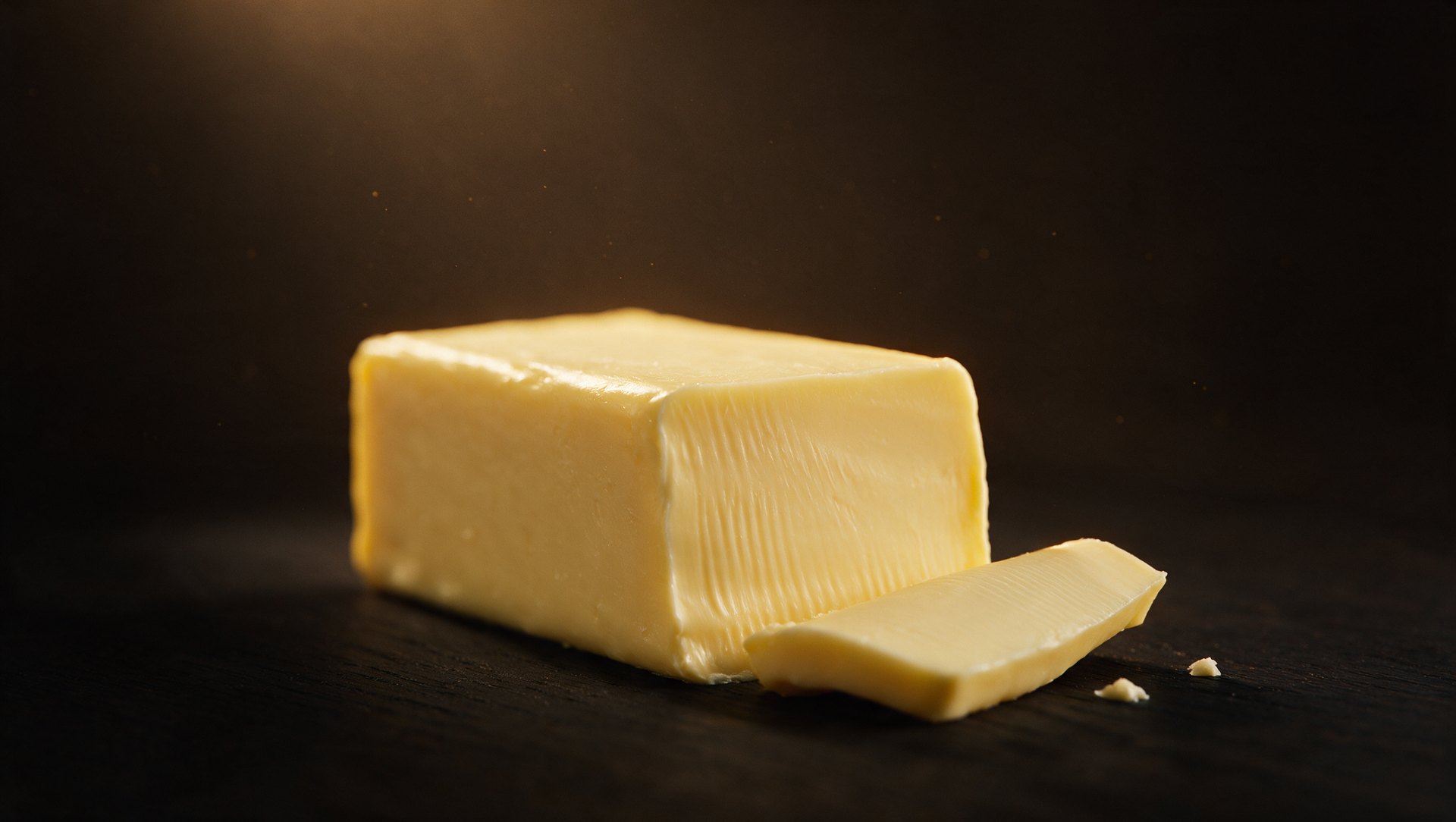 A block of butter with one end freshly cut and a thin slice resting beside it, lit by warm light against a dark background